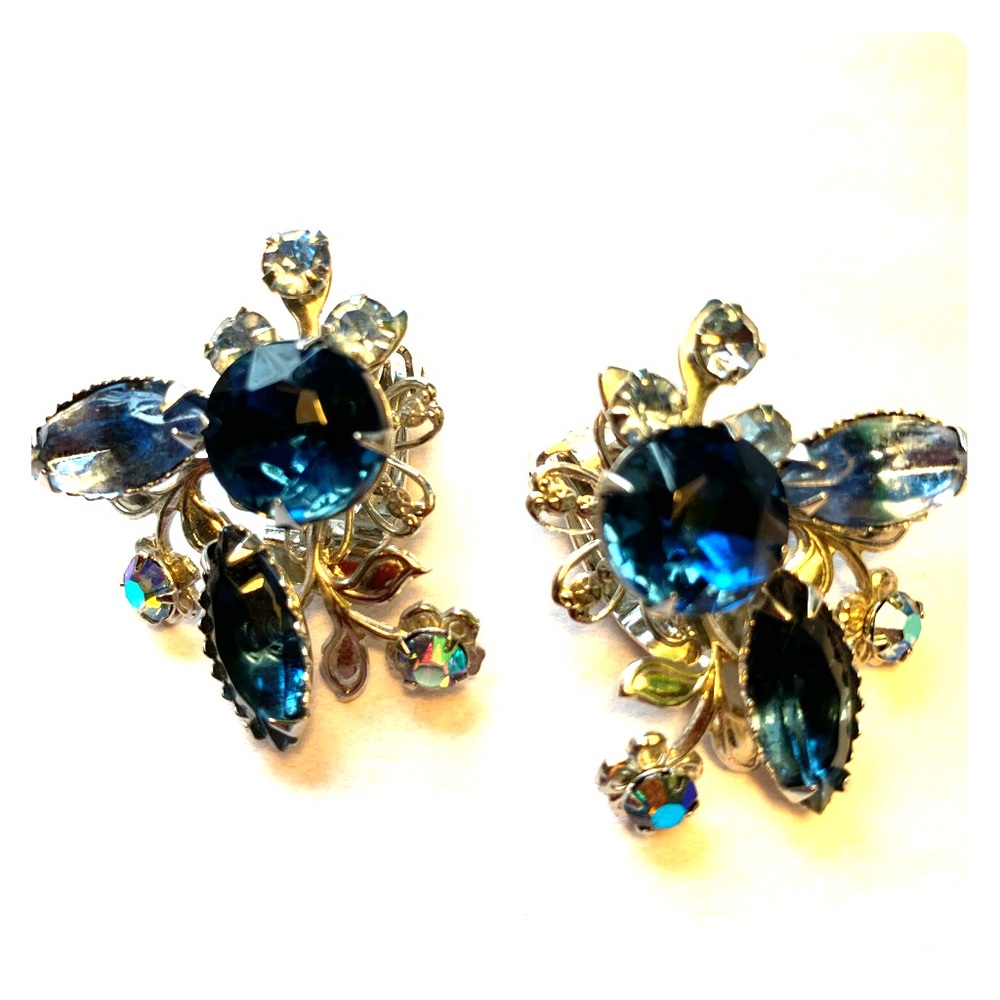 Vintage Blue Crystal Earrings - Clip On